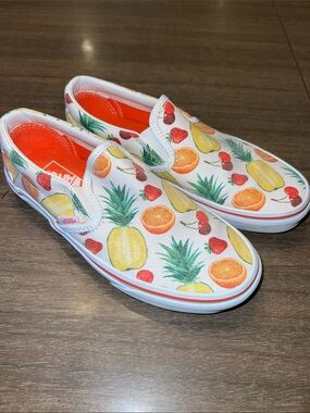 Vans Glitter Slip-On Sneakers in White with Fruit Print